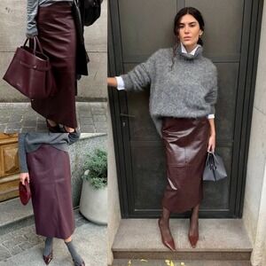 VTG Metrostyle Genuine Leather Midi Skirt 14T Tall Wine Red Pencil Slit 90154